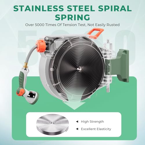 HIRALIY Retractable Garden Hose Reel 1/2'' x 100 ft + 6 ft, Super Heavy Duty, Any Length Lock, Automatic Rewind, Wall Mounted and 180° Swivel Bracket