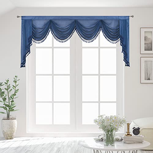 Oyring Navy Blue Sheer Window Curtains Valance For Living Room Waterfall Swag Valance Topper Curtains For Bedroom Rod Pocket Valance Curtains (1 Panel, W110 Inch) #TOP11