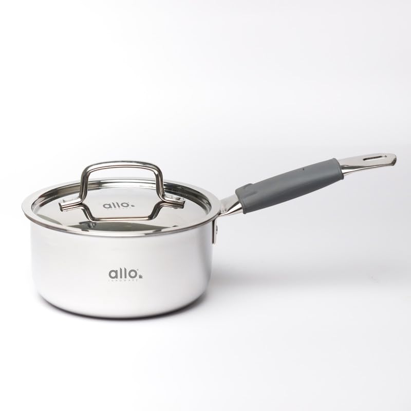 Image of Allo Triply Stainless Steel TriPly Sauce Pan, Tea Pan for Chai /Milk, Heat Resist Handle with Lid, Gas & Induction Friendly Naturally Non Stick,10 Year Warranty, 14cm, 1 Liter Cookware
