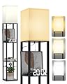 PAZZO Floor Lamp with Shelves by Solid Wood, Modern Shelf Floor Lamp with 3 Color Temperature, Linen Lampshade and Storage Shelves for Living Room, Bedroom, Bulb Included(Black)