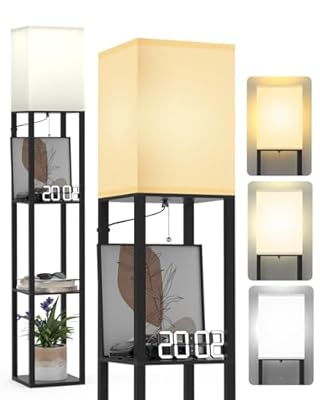 PAZZO Floor Lamp with Shelves by Solid Wood, Modern Shelf Floor Lamp with 3 Color Temperature, Linen Lampshade and Storage Shelves for Living Room, Bedroom, Bulb Included(Black)