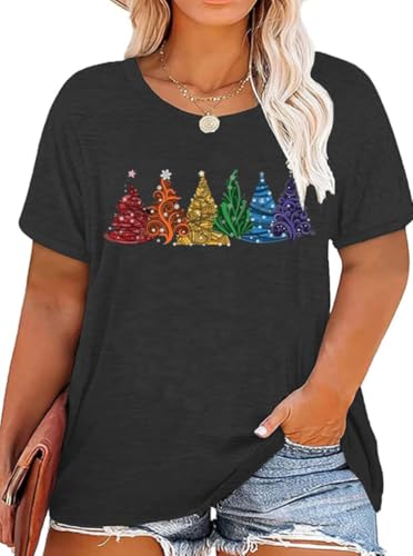 kfulemai Plus Size Christmas Tshirt Womens Buffalo Plaid Merry Christmas Graphic tee Tops Leopard Plaid Xmas Tree Short Sleeve (2XL Dark Grey-9)
