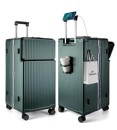 Image of feilario 30in Super Large Captain Aluminum Frame Hardside Spinner Wheels Luggage, Zipperless Checked Suitcase with Front Compartment /Cup Holder /Phone Holder (Forest green,30in)