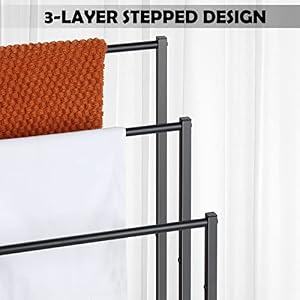Freestanding Towel Rack 3 Tier Blanket Ladder Holder with Rustic Brown Wooden Shelf Industrial Display Drying Stand Storage Rack with Non Slip Feet for Living room Bathroom 171L11W323H