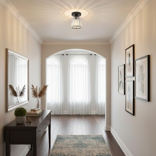 Plafonnier led couloir lustre cristal noir compact E27