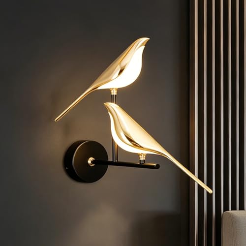 Laamiasm Gold Bird Wall Sconce Double Light, Gold Animal Shaped Sconce, Acrylic Shade, 3-Color Switch, Tool-Free Angle Rotation, Mirror Electroplated, for Bedroom Stairway Hallway