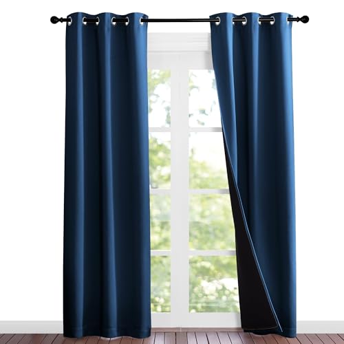 Image of NICETOWN 100% Blackout Short Curtains with Black Liners, Solid Thermal Insulated Full Blackout 2-Layer Lined Energy Efficiency Window Drapes for Bedroom (2 Panels, 37 inch W by 84 inch L, Moroccan Blue)