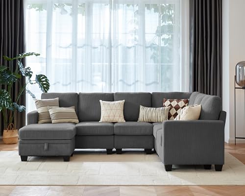 Image of CHIC HOUSE Modular Corner Sectional Sofa with Storage Ottoman, Corduroy L-Shaped Couch, Compact Small Space Furniture for Living Room & Apartment, (Dark Grey, 7 Seater L-Shaped)