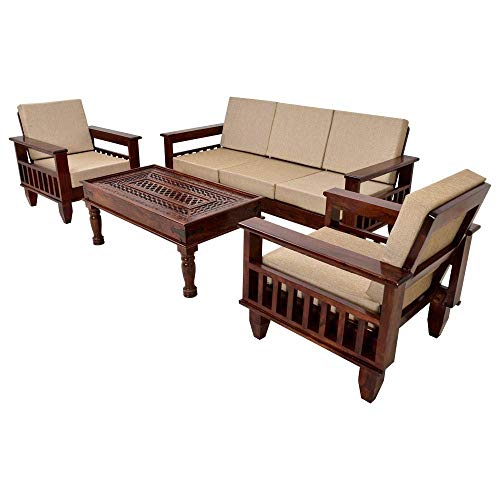 Image of Solid Sheesham Wood 5 Seater Sofa Set for Living Room Without Centre Table | Wooden 3+1+1 Five Seater Sofa Set with Cushions | Modern Sofa Set Furniture for Home, Office & Lounge | Brown Finish