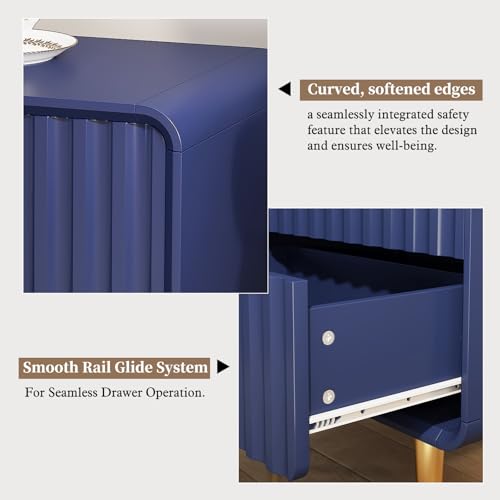 Image of HLR Night Stand Set of 2, Fluted Modern Bedside Table with 2 Drawers, Blue