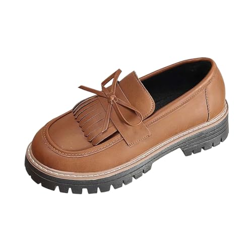 Mocassin Femme Cuir, Mocassins et Loafers Femme Bout Rond, Tige Fermée, Franges Décoratives, Nœud sur l'Empeigne, Semelle Épaisse Crantée | Derbies pour...