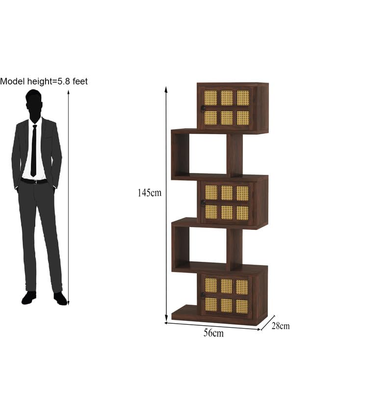 Image of Solid Sheesham Wood 5-Layer Ladder Bookshelf with Zig-Zag Design with 2 Open Shelves & 3 Rattan Wicker Door Storage | Display Cabinet Floor Standing Bookcase for Office Library (Walnut Finish)