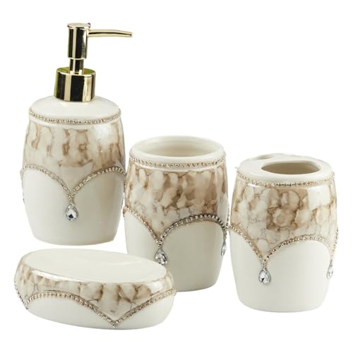 Image of Kookee Ceramic Bathroom Accessories Set - 4 Piece Bath Kit with Soap Dispenser, Soap Dish, Toothbrush Holder & Tumbler | Modern Designer Decor for Home & Guest Bathrooms (11122)