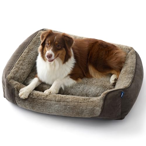 BEDSURE Hundebett Grosse Hunde – 89x63x17cm Hundesofa für Grosse Hunde waschbar, Hundekorb mit Abnehmbarer Bezug, Hundecouch mit Rutschfester Unterseite, kuschelweiches Hundebett groß, Braun