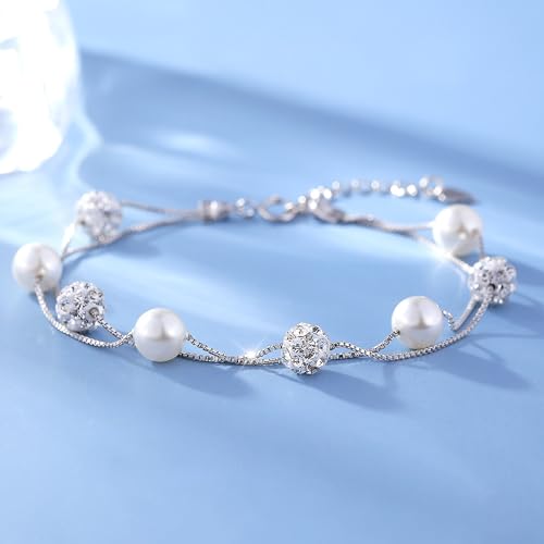 925 Sterling Silver Solid Slider Bead Bracelets for Women Cute Pearl Layered Bracelet Gold Plated Italian Mesh Friendship Link Chain Bracelet Jewelry Christmas Gifts for Mom Daughter2