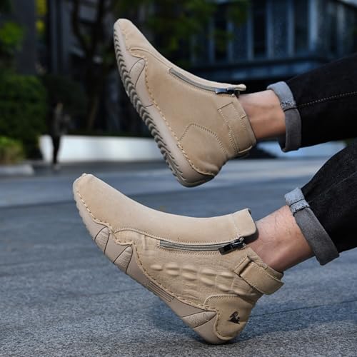 Image of Mens Mid-Top Leather Chukka Ankle Boots with Side Zipper Casual Comfortable Round Toe Non-Slip Flats Loafers for Walking Outdoor Hiking
