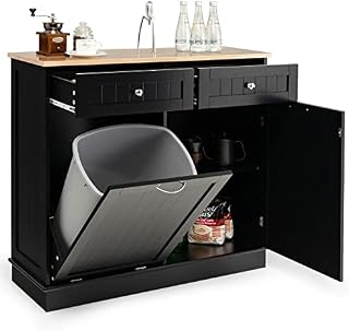 COSTWAY Sideboard with Trash Bin Hamper, Rubber Wood Top Tilt-out Trash Cabinet, Freestanding Storage Cupboard Unit for Kitchen, Laundry (Black)