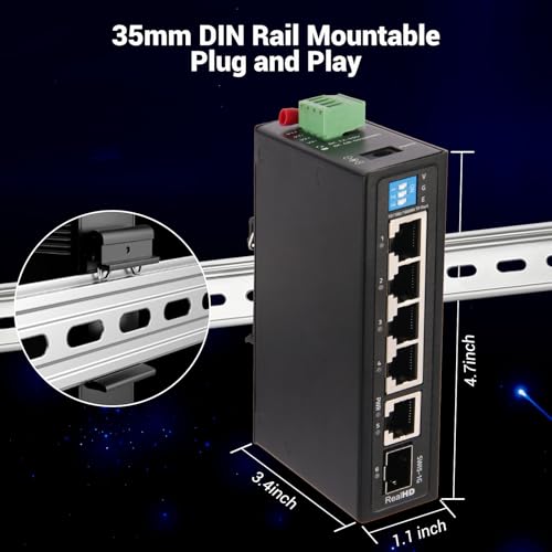 Image of Industrial Ethernet Switch, 6-Port Gigabit Ethernet Switch Hardened, 1000Mbps, 4*1 RJ45 Uplink+1 SFP Port, Din Rail & Wall Mountable (-40 to 185 F), 12Gbps Switching Capacity, with UL Power Supply
