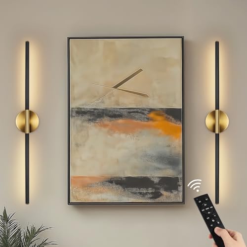 Image of Battery Operated Wall Sconces Set of Two 360 Rotate Wireless Rechargeable Light Dimmable with Remote - Black Gold Modern Sconces Cordless Magnetic Wall Decor for Home Bedroom Timer 31.5 in