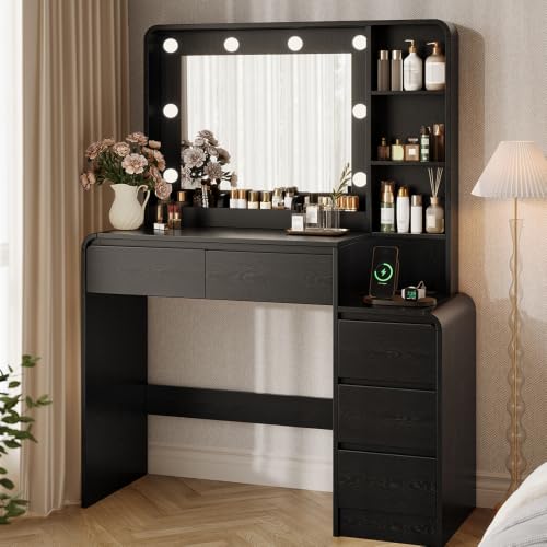 Image of 39.3 inch Makeup Vanity Desk with Charging Station, Black Makeup Dressing Table with Mirror & Lights, 3 Lighting Modes Adjustable Brightness, Vanity Table with Power Outlet & 5 Drawers Curved Design