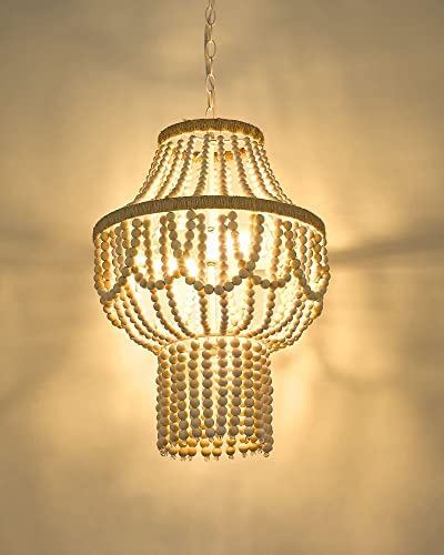 ELYONA Wood Beaded Chandelier, Boho Farmhouse Pendant Light Feature, Natural Birch Wood, 16" Rustic Hanging Light, Country Chandelier for Bedroom, Kitchen, Dining Room, Living Room, Entryway, White - Image 4
