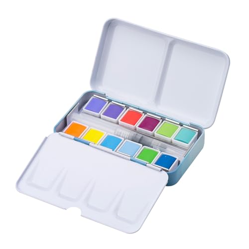 MEEDEN Pastel Watercolour Paint Set : 12 Colors Travel Watercolour Set with Brush in Half Pans - Portable Watercolour Paints for Adults & Artist