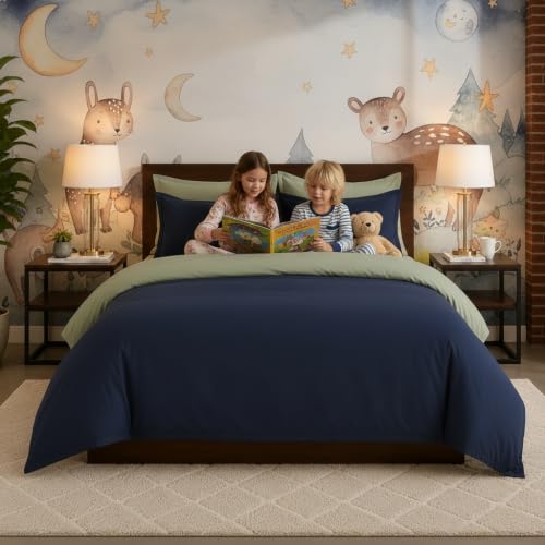Image of Duvet Cover Single Size Bed (60x92 Inch) 1 Duvet Cover + 4 Pillow Covers with Zipper 600 TC Cotton Reversible Luxurious Quilt, Comforter, Rajai, Blanket Cover (Sage /Navy Blue)