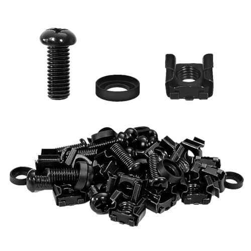 Evoges 50 Pack Black M6 x16mm Cage Nuts, Screws & Washers Set for Server Racks – Ideal for Network Cabinets, Patch Panels, Data Centres & Telecom Installation