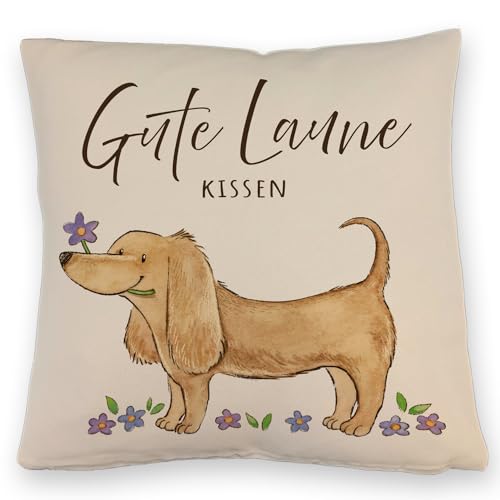 Dackel mit Blume Kissen mit Leinenoptik mit Spruch Gute Laune Kissen mit Leinenoptik Sonnige Freude Positivität Motivationsgeschenk Glückwunsch für...