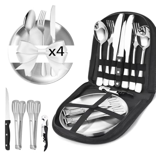 Juego de cubiertos de camping para 4 personas, 21 piezas Platos Camping con Tenedores,Acero Inoxidable Portátil,para Camping,Picnic,Viajes