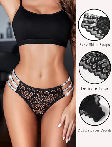 Avidlove Calcinha feminina sexy de renda com glitter, roupa íntima atrevida, pacote com 1-4, Preto,
