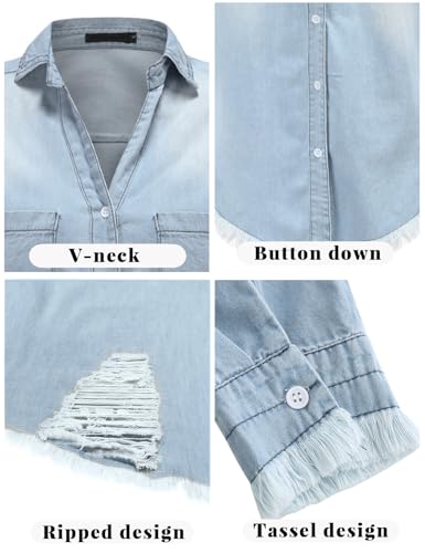 Image of Zilcremo Women Denim Dress Long Sleeve Button Down Jean Shirt | Chambray Casual Tunic Top,Distressed,Fringe Hem,Loose Fit,Mini Length,Country Concert Outfits,Daily Wear,for Spring and Fall