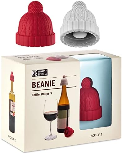 Beanie Wine Stopper | 2 Wine Stoppers in 1 Pack | Cute Wine Accessories | Fun Kitchen Gadgets | Wine Stoppers for Wine Bottles | Knit-Beanie-Shaped Wine Bottle Stopper w/a Pom-Pom |by Monkey Business