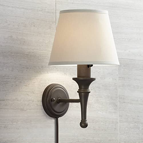 Regency Hill Braidy Rustic Wall Light Sconces Set Of 2 Bronze Copper Chrome Plug-In 7" Fixture Ivory Cotton Empire Shade For Bedroom House Reading Living Room Home #TOP6