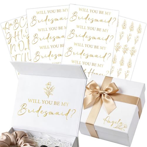 Whaline 10 Pcs Will You Be My Bridesmaid Transfer Stickers Gold Vinyl Maid of Honor Flower Proposal Decals Custom Name Bridesmaids Box Transfer for Bridal Shower Wedding Bachelorette Party