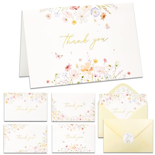 Cartes de remerciement florales Crisky avec enveloppes et autocollants pour mariage - Lot de 50