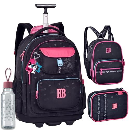 Kit Mochila Rodinhas Rebecca Bonbon RB 26222 Preta com Lancheira, Estojo Box e Garrafinha coleção 2026
