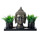 MyGift 7 Inch Antique Brass Tone Buddha Head Sculpture Decorative Centerpiece Set with 2 Artificial Green Grass Plants in Ceramic Pots and Black Wooden Display Tray