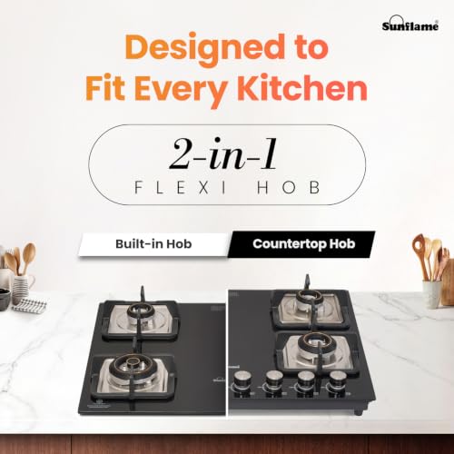 Image of Sunflame 4 Burner Built-In & Countertop Flexi Hob 65 cm Wide | 1 Large, 1 Medium, 2 Small Brass Burner | 5 Year Glasstop Warranty by Sunflame | Auto-Ignition | Ultra-Slim | Cast Iron Pan Support