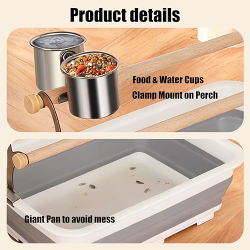 Image of Bird Desktop Shower Perch with Bucket, Training Stand with Collapsible Plastic Tray Two Perches Double Feeder Cups, Table Bath Perches for Small to Medium Sized Parakeet Cockatiel Conure Budgies