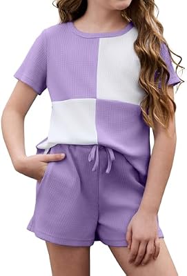 blibean Girls Summer Clothes Sets Waffle Colorblock Outfits,Purple,Size 8-9