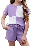 blibean Tween Girls Summer Clothes Set Big Kids Short Sleeve Waffle Shirt Shorts Outfits Fashion Two Piece Colorblock Textured Knit Tops Beach Pockets Rompers Size 14 15 16 Years Old Purple