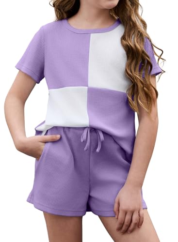 blibean Teen Girls Summer Clothes Set Trendy Colorblock Short Sleeve Waffle Shirt Shorts Big Kids 2 Piece Beach Outfits With Pockets Size 14 15 16 Purple
