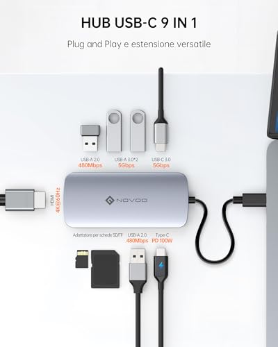 Hub USB C, Adattatore Multiporta 9 in 1 con HDMI 4K@60Hz, 5 Porte USB, PD 100W, SD/TF, Adattatore HDMI, Docking Station USB C per MacBook Air M1/M2, HP, DELL, Lenovo, ASUS - Hub USB - Immagine 1