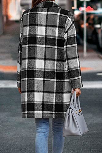 PRETTYGARDEN Women Plaid Shacket Jacket Trendy Fall Casual Button Wool Blend Tartan Trench Coat Winter Clothing with Pockets