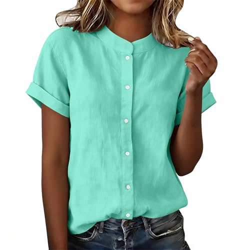 Women's Mandarin Collar Button Down Shirts Ladies Casual Dressy Roll Up Short Sleeve Summer Work Tops Blouses (US, Alpha, XX-Large, Regular, Regular, Mint Green)