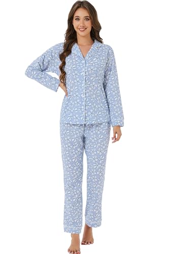 Image of LUBOT 100% Cotton Pajamas for Women Pajama Set 2 Piece PJ Sleepwear Set Soft Ladies Button Knit Long Sleeve Loungewear XS-XXL