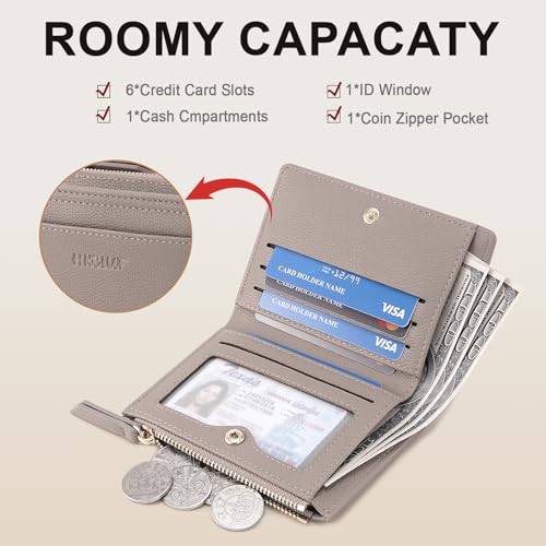 HKCLUF Small Wallet Women,Bifold Compact Wallet Slim,Vegan Leather Credit Card Holder for Women With Zipper Coin Pocket(grey)3