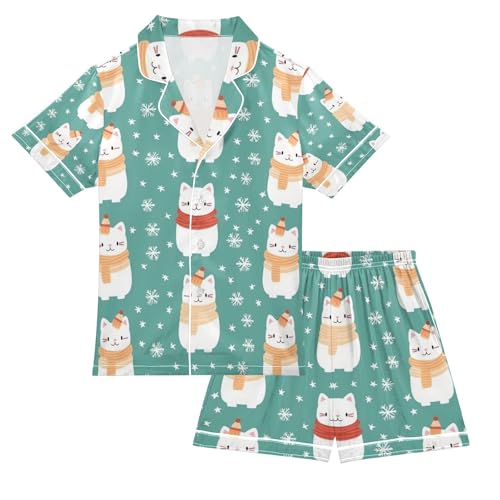 senya Cat Wearing Scarf Satin Summer Pajama Sets Silk Short Sleeve Button Down Sleepwear