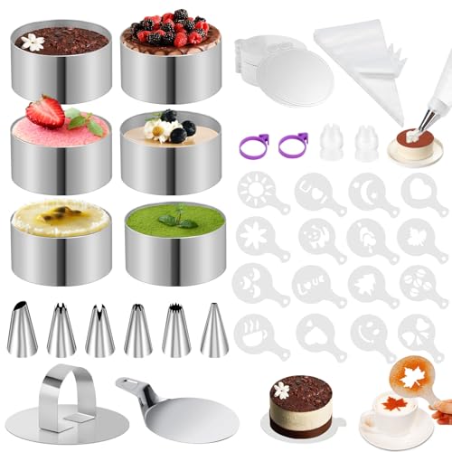 WOOWAIR 134 Pezzi Coppapasta Set, 6 Coppapasta tondi 8cm + 16 Stencil per Mousse + 50 Mousse Cake Boards 9 cm + 50 sac à Poche + 6 Beccucci, Anello per Torte per DIY Mousse Dessert